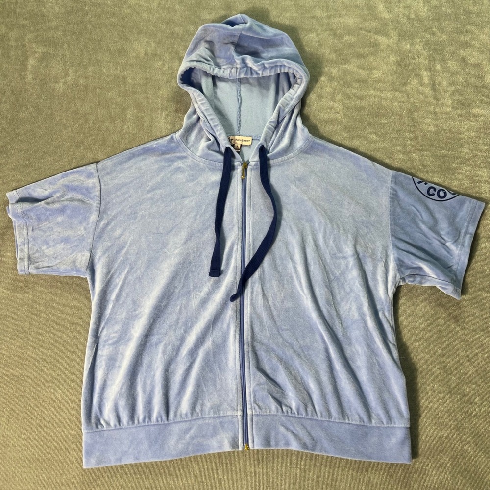 Juicy‎ Couture Velour Short Sleeve Hoodie Blue Rhinestone Logo Zip Up Small